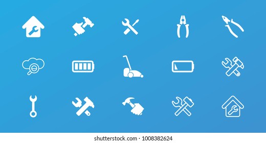 Editable 15 maintenance icons: wrench, hummer and wrench, pliers, hummer, ful battery, low battery, home repair, search cloud