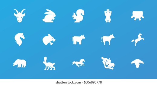 Editable 15 mammal icons: cow, udder, bear, horse, goat, rabbit, panther, squirrel