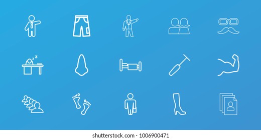 Editable 15 man icons: nose, woman boot, pants, businessman, group, man with case, muscle arm, bed, medical hammer, foot, resume