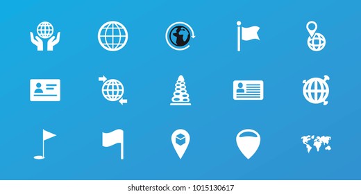 Editable 15 map icons: passport, location, pin on globe, gold flag, globe, tunnel, world map, planet