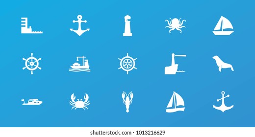Editable 15 marine icons: octopus, crab, seal, lighthouse, boat, sailboat, anchor, cargo ship, harbor