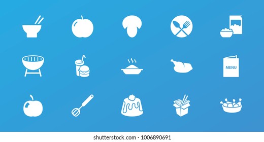 Editable 15 meal icons: mushroom, apple, asian food, chicken leg, noodles fast food, pie, burger and drink, menu, chicken, corolla, barbecue, soup, spoon and fork
