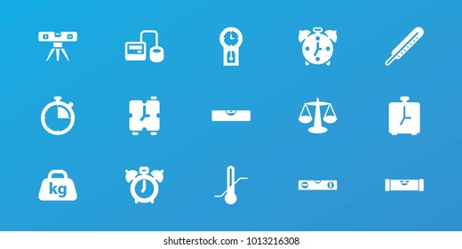Editable 15 measurement icons: level ruler, clock alarm, scales, blod pressure tool, thermometer, weight, pendulum, alarm, stopwatch