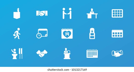 Editable 15 meeting icons: handshake, office room, calendar, 14 date, office supply, man working at the table, speaker, shaking hands, calendar with clock
