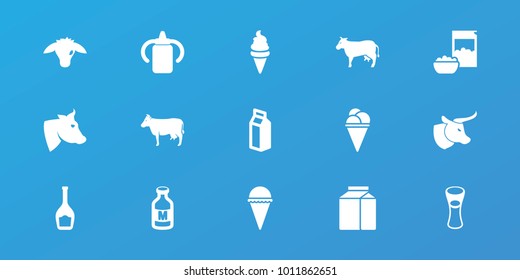 Editable 15 milk icons: cow, baby bottle, ice cream, milk glass, milk, goat, bottle