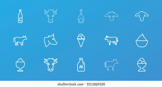 Editable 15 milk icons: cow, milk can, goat, bottle, ice cream, ice cream ball