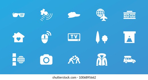Editable 15 modern icons: house with heart, window, baseball cap, satellite, internet, camera, tree, judo, car, computer mouse, digital clock, tv, overcoat, smart glasses