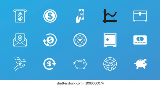 Editable 15 money icons: casino chip, dollar, dollar coin, 25 casino chip, money on hand, chest, envelope with dollar bill, credit card, payment, graph, piggy bank, safe
