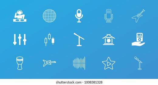 Editable 15 music icons: adjust, microphone, control panel, mp3 player on hand, guitar, favorite music, equalizer, drum, gong, dj