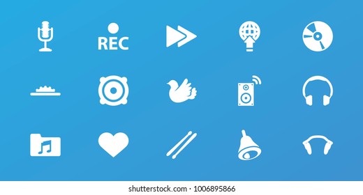 Editable 15 music icons: headphones, bird, rec, speaker, cd, fast forward, microphone, drum stick, music folder, earphones, heart, globe download, bell, camera wheel