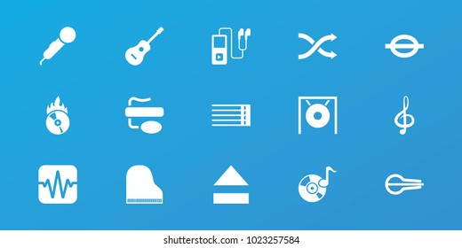 Editable 15 music icons: microphone, treble clef, guitar strings, music note, musical instrument, guitar, cd fire, mp3 player, disc on fire, pin microphone, eject button