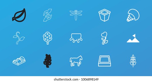 Editable 15 nature icons: mountain, udder, tree, pot for plants, greenohuse, plant, heart flower, square plant pot, extinct sea creature, horse, hand with seeds, dragonfly