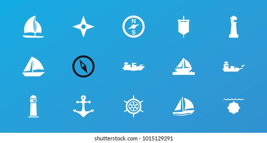 Editable 15 nautical icons: lighthouse, sailboat, compass, boat, helm, anchor, sail