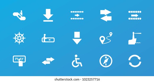 Editable 15 navigation icons: escalator, finger pressing play button, arrow down, disabled, arrow, distance, helm, download, lighthouse, escalator down, compass
