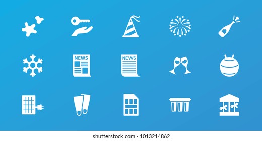 Editable 15 new icons: opened champagne, carousel, news, fit ball, clink glasses, party hat, fireworks, cookie, snowflake, filter, sim card, key on hand, solar panel