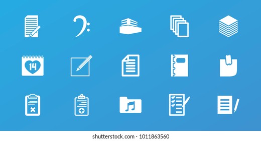 Editable 15 note icons: paper, document, check list, 14 date, clipboard, medical clipboard, bass clef, music folder, notebook, documents box, glued note