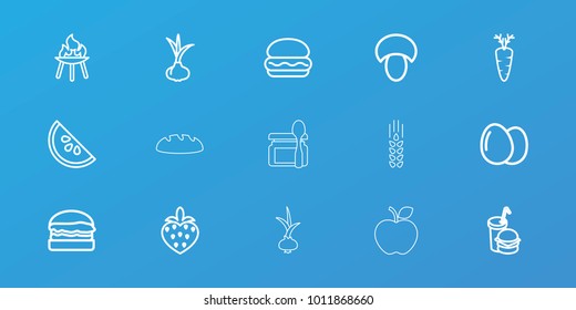 Editable 15 nutrition icons: egg, mushroom, onion, burger, burger and drink, carrot, strawberry, bbq, watermelon, wheat, bread, baby food
