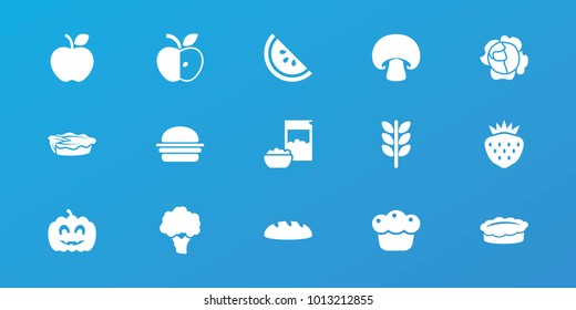 Editable 15 nutrition icons: wheat, pie, strawberry, pumpkin haloween, watermelon, mushroom, cabbage, cauliflower, bread, apple, cereal