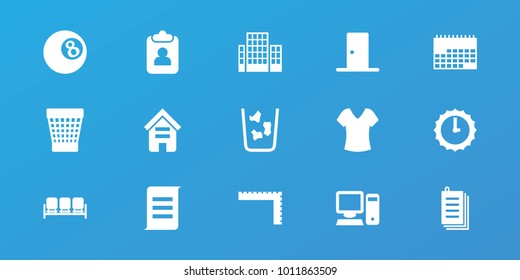 Editable 15 office icons: sofa, building, ruler, shirt, trash bin, clipboard, calendar, paper, document, door, pc, sundial, business center