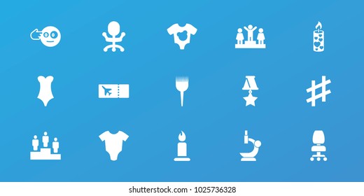 Editable 15 one icons: baby onesie, candle, ranking, office chair, head bang emot, medal, ticket, barber brush, swimsuit, microscope