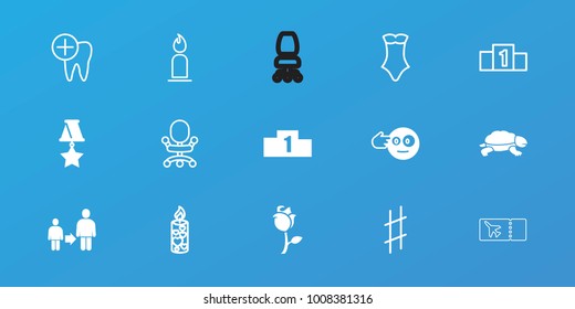 Editable 15 one icons: head bang emot, rose, ranking, medal, candle, swimsuit, office chair, dental care, musical sharp, turtle, son and father