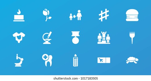 Editable 15 one icons: son and father, burger, microscope, medal, ticket, turtle, baby onesie, barber brush, candle, ranking, rose, dental care