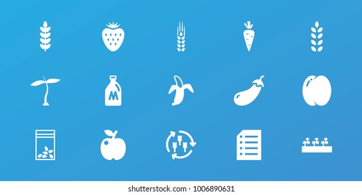 Editable 15 organic icons: plant, harvest, milk can, peach, eggplant, apple, sprout plants, seed bag, banana, paper, strawberry, wheat