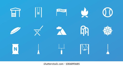 Editable 15 outdoor icons: rake, gazebo, bag , mountain, goal post, baseball, umbrella, bonfire, finish, hockey puck, swing, outdoor chair