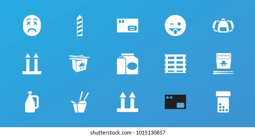 Editable 15 pack icons: parcel, emoji showing tongue, chinese fast food, bottle pills, cargo box, cargo arrow up, milk can, backpack, cargo