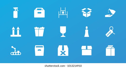 Editable 15 packaging icons: cream tube, box, question box, cargo tag, cargo arrow up, conveyor and robot arm, spray bottle, liquid soap, milk, fragile cargo