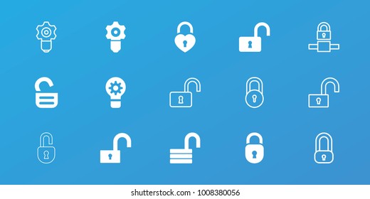 Editable 15 padlock icons: opened lock, gear keyhole, heart lock