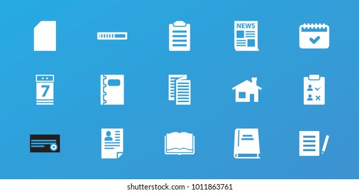 Editable 15 page icons: house building, document, paper, check list, news, calendar, loading, calendar 7 date, notebook, book