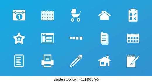 Editable 15 page icons: house building, browser window, check list, calendar, paper, pen, loading, star, printer, document, baby stroller
