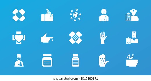 Editable 15 pain icons: man with broken arm, injured finger, medicine, bandage, doctor prescription, virus and pills