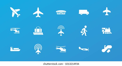 Editable 15 passenger icons: plane, escalator up, helicopter, airport, ship, bus, locomotive, luggage belt