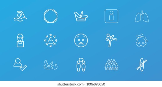 Editable 15 people icons: baby basket, worker, add user, upset and worry emot, man doing exercises, hoop, couple, swimming, rowing, user surrounded by stars, woman wc