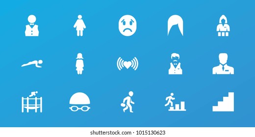 Editable 15 person icons: woman hairstyle, casino girl, heart, woman, businessman, trampoline, stair, waiter, swimming hat and glasses, man going up, casino boy, man with case