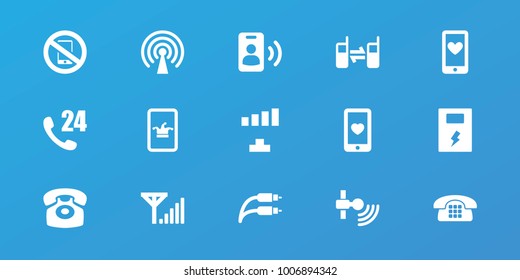Editable 15 phone icons: poker on phone, signal, 24 hours support, heart mobile, connected phone, battery, call