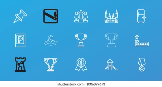 Editable 15 place icons: parking, castle, clean fridge, ranking, trophy, pin, number 1 medal, medal with star, smoking area