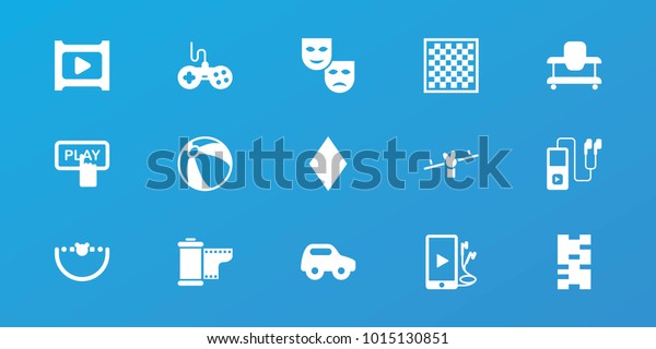 Editable 15 play\
icons: beach ball, toy car, joystick, baby walker, diamonds, finger\
pressing play button, mask, domino, phone and earphones, play,\
camera tape, baby toy