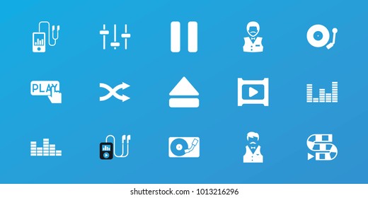 Editable 15 player icons: casino boy, dice game, pause, eject button, shuffle, gramophone, play, finger pressing play button, equalizer, dvd player