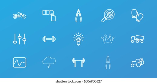 Editable 15 power icons: push button, excavator, concrete mixer, pliers, adjust, barbell, gear, electricity, light bulb, boxing gloves, motorcycle, thunder