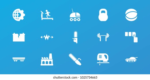Editable 15 power icons: treadmill, push button, chainsaw, barbell, clobe gear, electricity, atom, factory, broken battery, tank, electric saw, chain saw, tractor