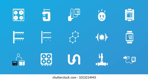 Editable 15 pressure icons: pipe, cooker, irrigation system, blood pressure measure, vice clamp, angry emot, water pipe