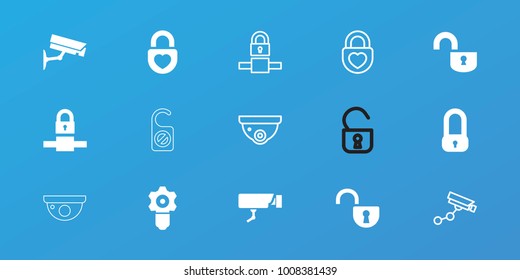 Editable 15 privacy icons: lock, gear keyhole, heart lock, security camera, security camera
