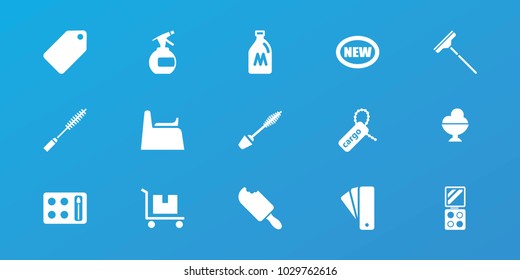 Editable 15 product icons: milk can, tag, spray bottle, mascara, new, cargo tag, baby potty, eyeshadow palette, window squeegee, ice cream