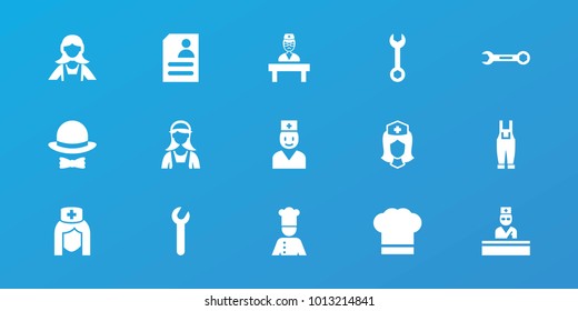 Editable 15 profession icons: maid, wrench, gardener jumpsuit, resume, nurse, doctor, chef, chef hat