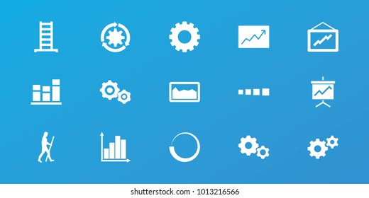 Editable 15 progress icons: gear, ladder, graph, loading, chart, line graph, gear    sign symb, caveman, graph on board