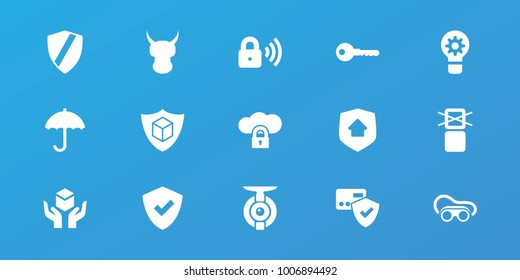 Editable 15 protect icons: key, welding glasses, shield, card protection, helmet, cargo only in box allowed, cargo insurance, cloud protection, security lock, home security