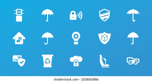 Editable 15 protect icons: umbrella, recycle bin, card protection, cargo only in box allowed, cargo insurance, cloud protection, home lock, security lock, baby seat in car